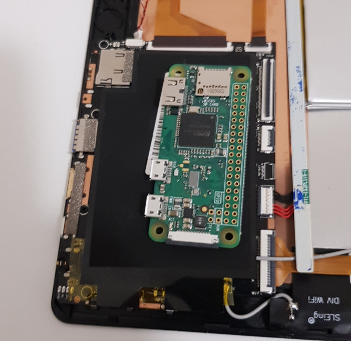 A size comparison of the tablet's motherboard, showing it to be about 3 times the size of a Raspberry Pi Zero W