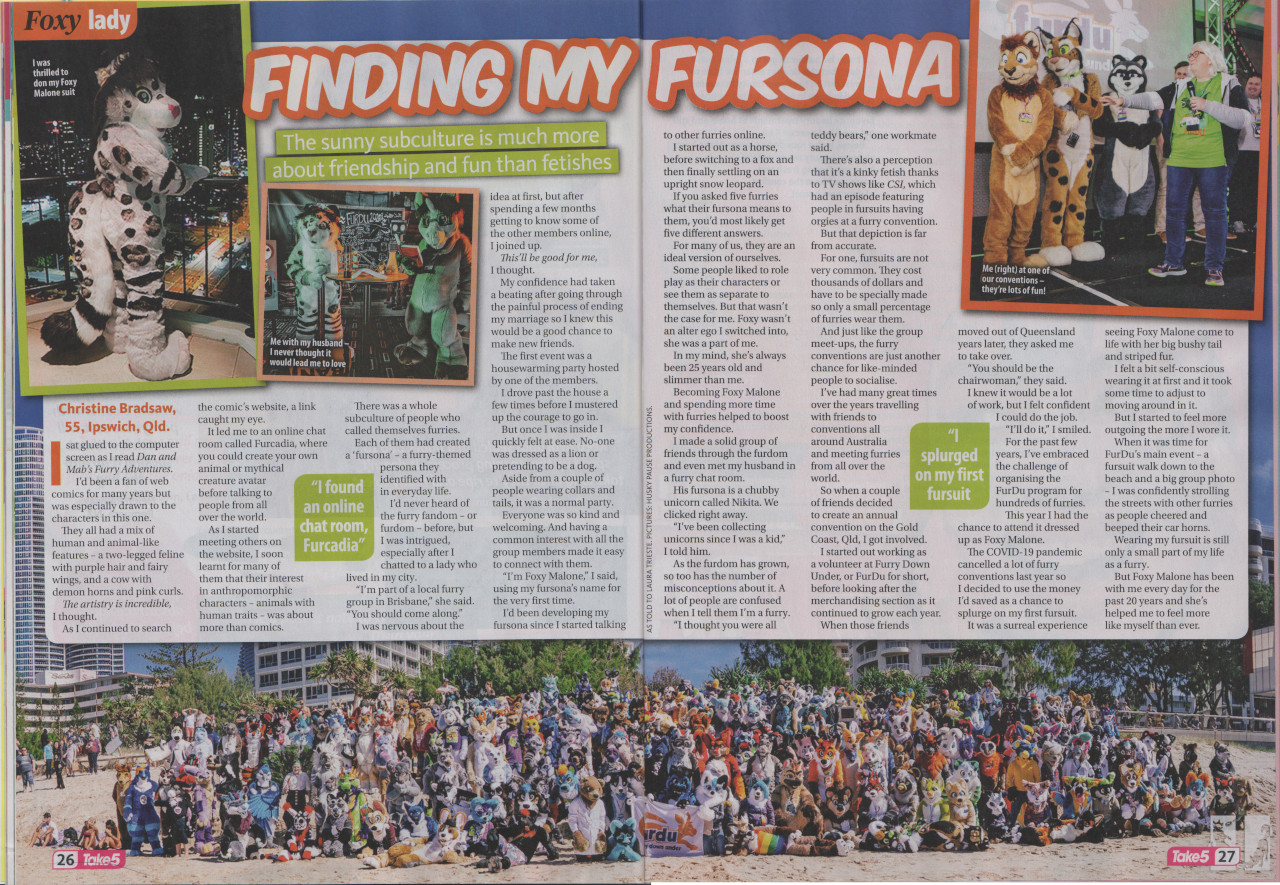 A scan of an article by Take Five magazine on the furry fandom. Clicking this will link to a full resolution version for reading.